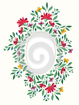 Colorful Chintz Romantic Meadow Wildflowers Vector Vertical Oval Frame