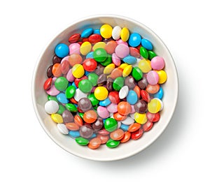 Colorful Chocolate Candy Pills in Bowl Isolated on White Backgro