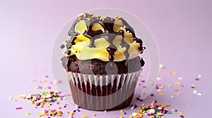 Colorful Chocolate Cupcake with Vanilla Frosting and Chocolate Drizzle