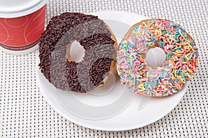 Colorful and chocolate Donut with coffee