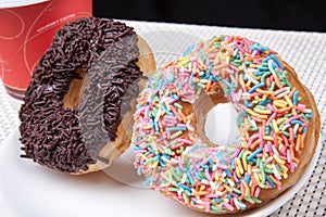 Colorful and chocolate Donut with coffee