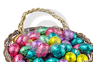 Colorful chocolate easter eggs in a basket