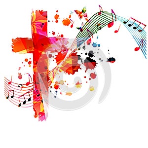 Colorful christian cross with music notes isolated vector illustration. Religion themed background. Design for gospel church music