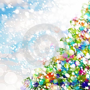 Colorful Christmas Background. Christmas Tree, Snow and Glitters