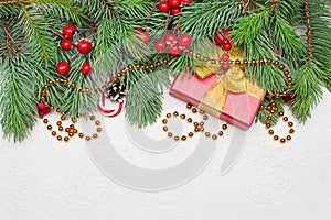 Colorful Christmas background. Green Xmas fir branch