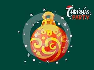 Colorful Christmas Ball with Christmas Party text effects. Symbol of happy new year, christmas celebration, winter. Vector card