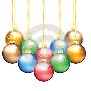 Colorful Christmas balls on a gold ribbon