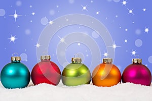 Colorful Christmas balls in a row stars background decoration