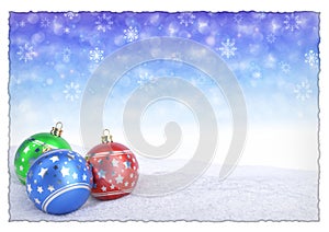 Colorful christmas balls on snow with bokeh background. 3D render