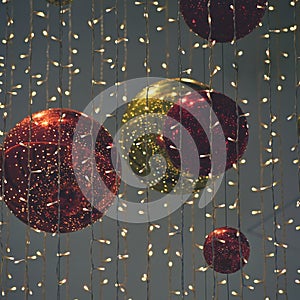 Colorful christmas Decoration. Winter holidays and traditional ornaments. Lighting chains-bulbs for seasonal background.