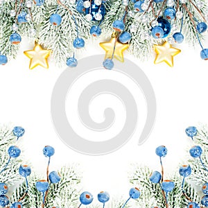 Colorful Christmas frame background border composition isolated on white. Xmas card with blue berries and gold stars