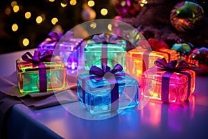 colorful christmas gift boxes sitting on a table in front of a christmas tree