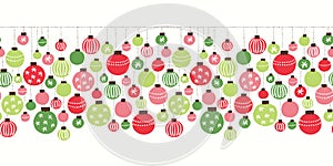 Colorful Christmas Hanging Baubles Hand Drawn Vector Seamless Pattern Horizontal Border