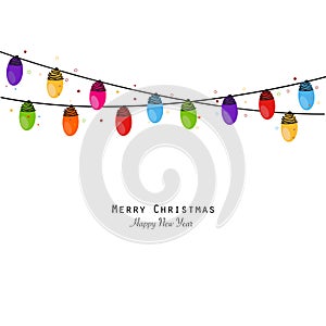 Colorful Christmas light bulb happy new year greeting card