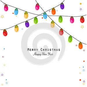 Colorful Christmas light bulb happy new year greeting card