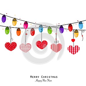 Colorful Christmas light bulb and hearts. Happy new year greeting card