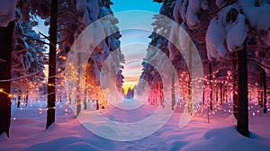 Colorful Christmas lights on spruce and fir trees covered with snow in a winter forest.