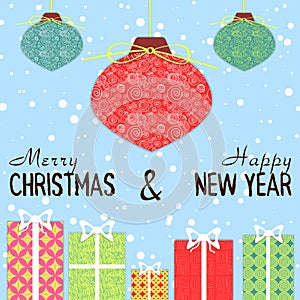 Colorful christmas and new year postcard with gifts, balls