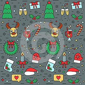 Colorful Christmas and New Year seamless pattern with traditional attributes in line style. Vector