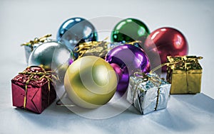 Colorful Christmas ornament toned photo. Multicolored Christmas tree toys.