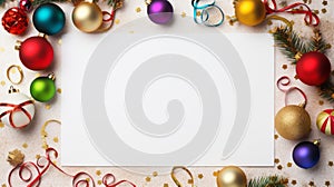 Colorful Christmas Ornaments On Beige Background With Empty Paper Board