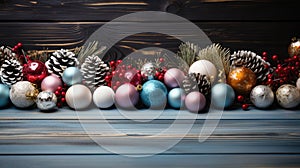 Colorful Christmas paraphernalia on a wooden background