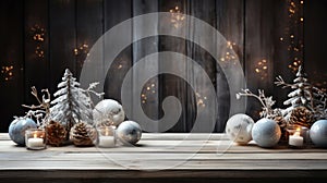 Colorful Christmas paraphernalia on a wooden background