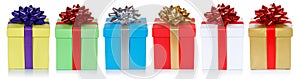 Colorful christmas presents birthday gifts in a row isolated on a white background