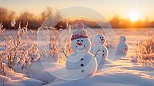 Colorful Christmas snowmen on snow at dawn