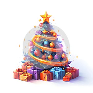 Colorful Christmas tree with baubles and chain and star. Around it presents. Isolated white background. Xmas tree as a symbol of