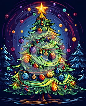 Colorful Christmas tree with baubles chains, star on a dark background falling snow. Xmas tree as a symbol of Christmas of the