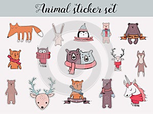 Colorful christmas and winter animal sticker set