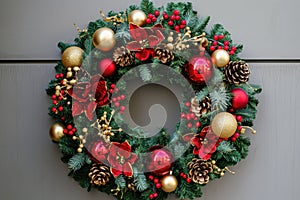 A colorful Christmas wreath adorned with ornaments and a bow is hanging on a bright red door, A traditional Christmas wreath with