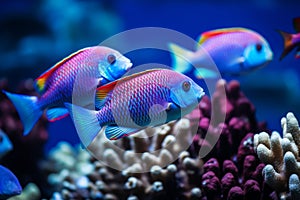 Colorful chromis fish schooling in unison