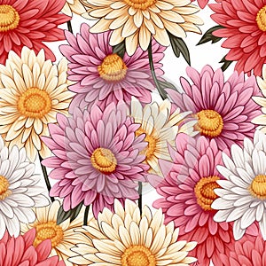 Colorful Chrysanthemums Seamless Pattern On White Background