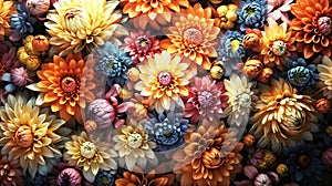 Colorful chrysanthemums, top view, photorealistic.