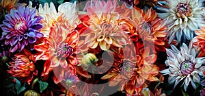 Colorful chrysanthemums, top view, photorealistic. For posters, banners.