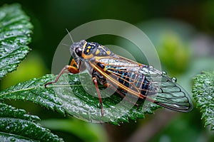 Colorful Cicada Resting on a Dewy Green Leaf