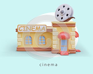 Colorful cinema building, front view. 3D vector illustration in cartoon style