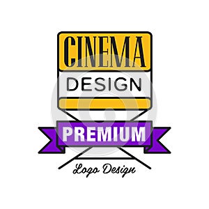 Colorful cinema or movie logo. Cinematography concept with yellow film director`s chair and purple ribbon. Flat line