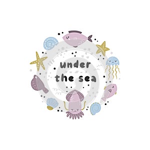 Colorful circle design, composition with sea animals squid, fish, starfish, jellyfish