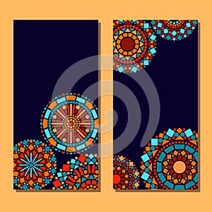 Colorful circle floral mandala set of cards background in blue and orange, vector