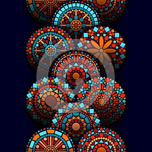 Colorful circle flower mandalas geometric seamless border in blue red and orange, vector