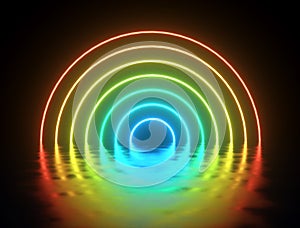 Colorful circle neon lights stage background