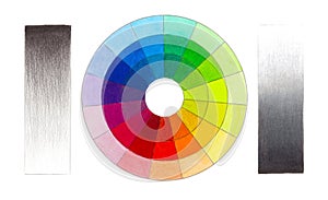 Colorful circle swatch for colored pencils with black and white gradient isolated on white background.