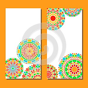 Colorful circles floral mandala border in green and orange on white, two cards set, vector