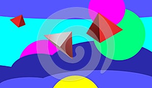 Colorful circles and red pyramids. Abstract banner.