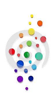 Colorful circles of varying sizes on a white background, arranged in a scattered pattern. Each