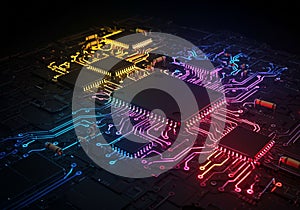 Colorful circuit board with multiple microchips and glowing