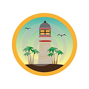 Colorful circular frame with lighthouse and palm trees